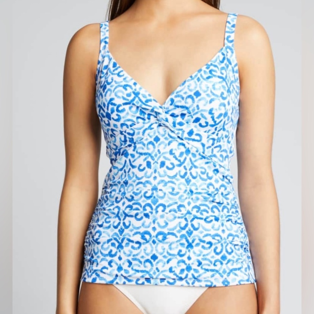 Women’s TOMMY BAHAMA Scrolls Twist-Front Blue & White Tankini Swim Top Size XS